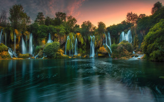 Waterfall river trees sunset nature - impressionist free wallpaper