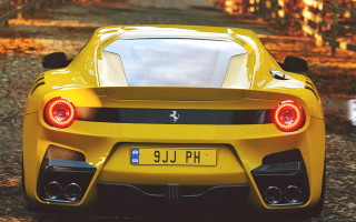 Yellow sports car forest leaves - photorealistic lighting free wallpaper