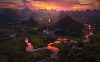 Sunset valley river mountains cityscape - a river free wallpaper for desktop