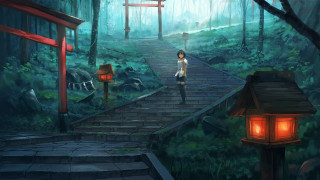 Woman stairs forest lanterns japanese - atey ghailan free wallpaper