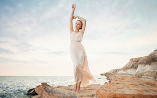 Woman white dress ocean rock - daphne mcclure free wallpaper