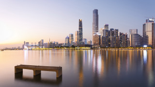 Lake bench city sunset architecture - the middle of a lake free wallpaper