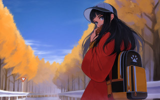 Woman dog backpack snowy autumn - graffiti free wallpaper