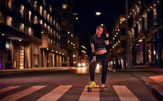 Woman skateboard night neonhelmet cubofuturism - a woman riding free wallpaper