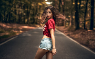 Woman red shirt jean shorts 2 - the wood free wallpaper for desktop