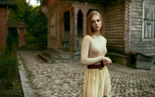 Woman longdress brickroad building fashion - a wooden door free wallpaper