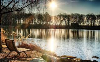 Lake shore bench tree bridge - dennis ashbaugh free wallpaper for desktop