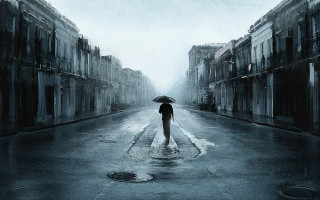 Person walking street umbrella rain 2 - a matte painting free wallpaper