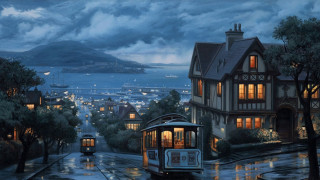 Trolley car rainy night city 7 - kinkade free wallpaper