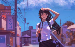 Girl backpack street clock building - a street corner free wallpaper