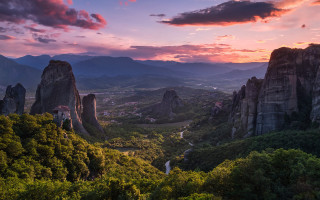 Sunset valley mountains river trees - constantine andreou free wallpaper