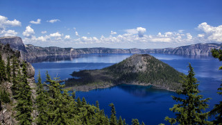 Lake mountains trees clouds blue - a matte painting free wallpaper for desktop
