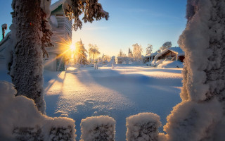 Snowy landscape house trees dawn - sunset free wallpaper