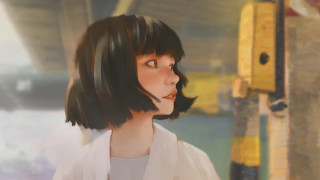 Woman black hair white shirt 5 - a painting of a woman free wallpaper