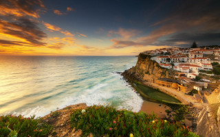 Sunset town coast cliff magic - almada negreiro free wallpaper