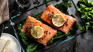 Salmon lemon herbs glass tray - lemon free wallpaper