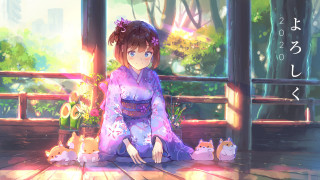 Purple dress woman kitten bamboo - a wooden floor next free wallpaper
