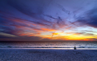 Beach sunset bench ocean figure - impressionist free wallpaper