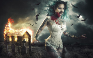 Green hair tattoos fire bats - bat free wallpaper