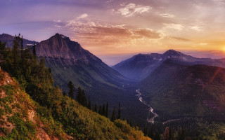 Sunset valley river mountains clouds 3 - a few cloud free wallpaper