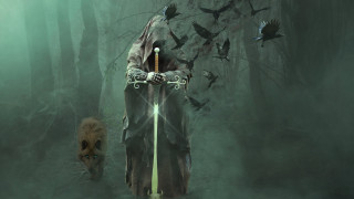 Hooded man sword forest dog - nearby free wallpaper