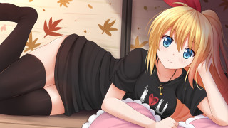 Woman lying autumn leaves blonde - a black shirt free wallpaper