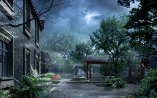 Dark street gazebo trees cloudy 3 - a dark street free wallpaper