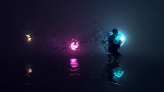 Dark figure reflection glowing moon - volumetric free wallpaper