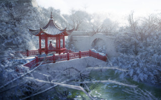 Red pagoda snowy landscape bridge - a stream free wallpaper