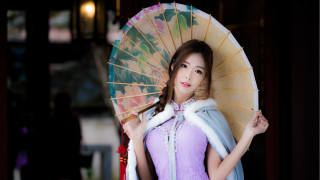 Woman purple dress parasol fan - art nouveau free wallpaper