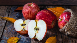 Apples wooden table leaves cloth - professional food photography free wallpaper for desktop