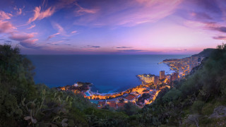 Cityscape dusk ocean purple sky - dusk free wallpaper