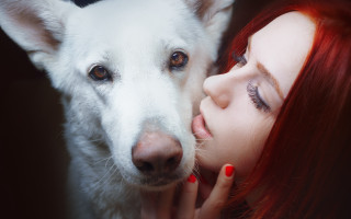 Woman red nails white dog - portrait photography free wallpaper
