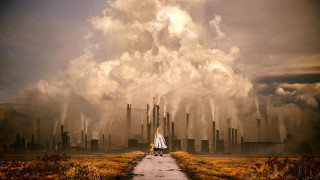 Woman white dress dirt road 2 - dystopian art free wallpaper