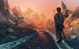 Fantasy man backpack mountains cave - a cave free wallpaper