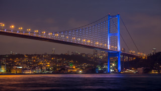 Lit bridge night cityscape reflection - buckminster fuller free wallpaper