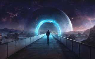 Bridge man space scene blue - a distant planet in the background free wallpaper