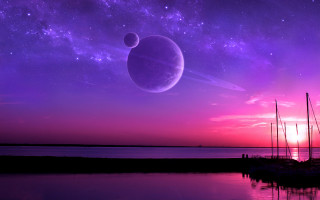 Purple sky planet ships sunset - a. hardy free wallpaper