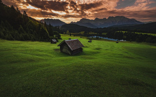 Small house field mountains sunset - derold page free wallpaper for desktop