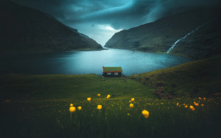 House field lake clouds mountains - a dark sky above free wallpaper