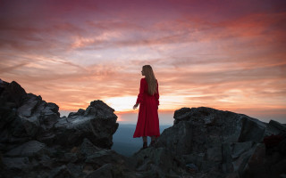 Woman red dress mountain sunset 2 - neoromanticism free wallpaper