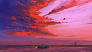 Psychedelic car road cloudy sky - alena aenami free wallpaper
