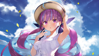 Purple hair girl clouds hat - the cloud free wallpaper