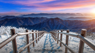Wooden walkway mountain sunset nature - a mountain top free wallpaper