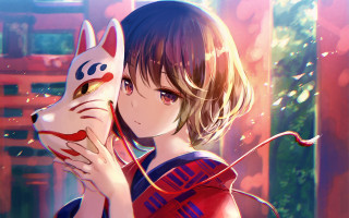 Girl holding cat kimono mask - front of a window free wallpaper