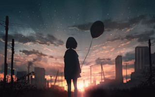 Person field balloon sunset city - sunset free wallpaper