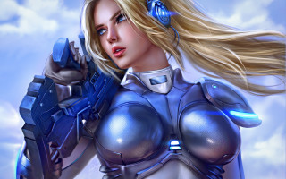 Futuristic woman gun blue sky - a gun and a gun free wallpaper