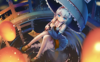Girl bench umbrella blue dress - an umbrella over her head free wallpaper