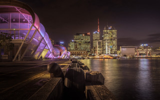 City skyline night river bridge 2 - buckminster fuller free wallpaper