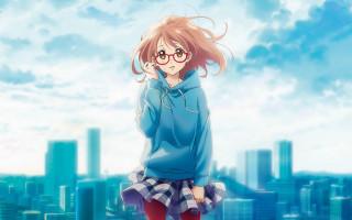Girl glasses blue hoodie cityscape - glass free wallpaper
